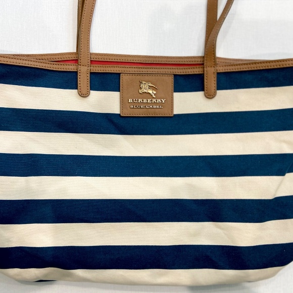 Authentic Burberry Reversible Tote – Navy / Ivory Stripe & Red with Leather Trim - Picture 1 of 8